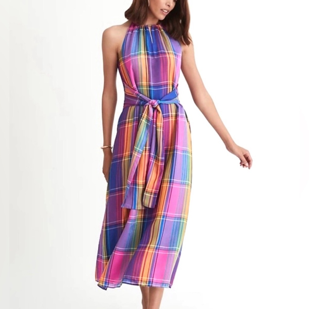 Ann Taylor Dress Madras Plaid Sleeveless Halter Tie Front Belt SZ 4 NWOT